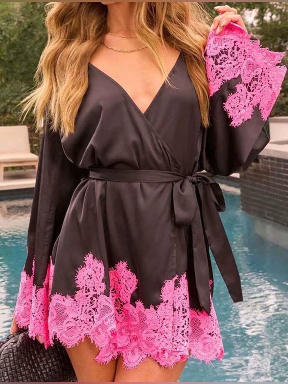 Satin Silky Wrap Mini Dress with Lace Trim